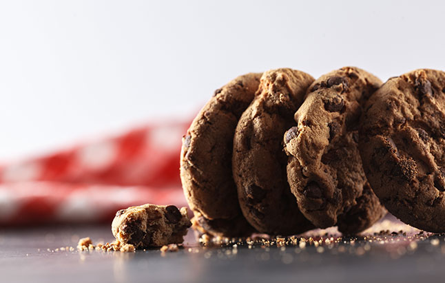 Freshly baked chocolate chip cookies displayed
